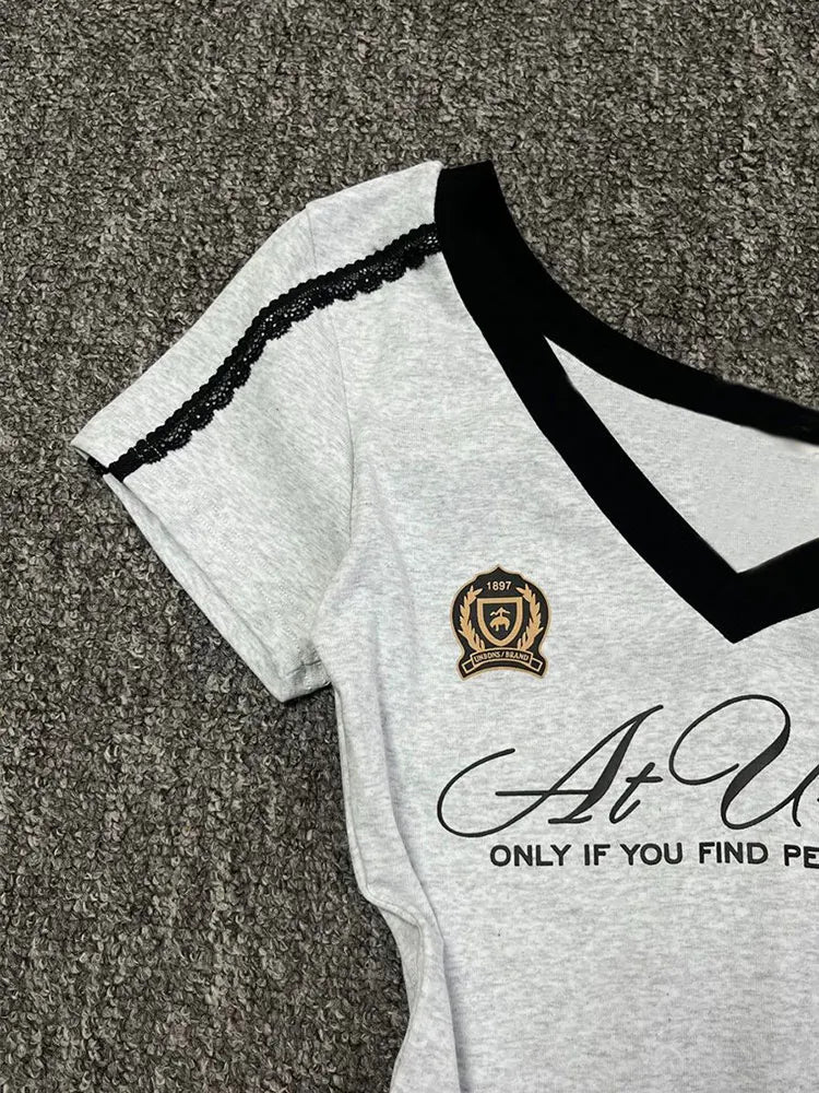 White-Gray Lace Sport Sexy Summer Off shoulder Top Women Y2k V neck Short sleeve T shirt Fashion Korean Lady Basic Tees 2026 New
