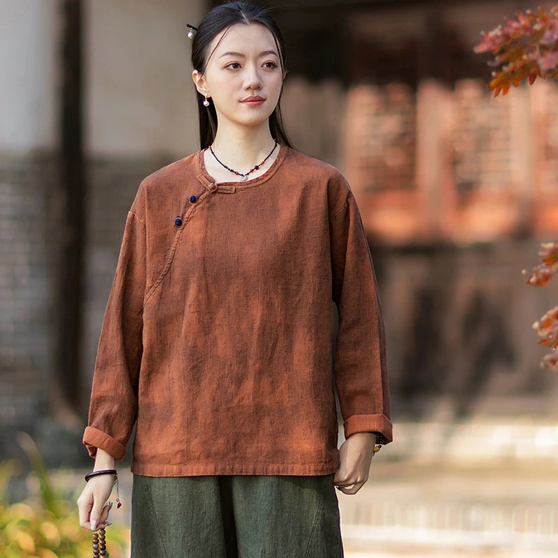 Women Long Sleeve Cotton Linen T-shirts New 2026 Spring Chinese Style O-neck Frog Button Loose Female Casual Tops Tees M2353