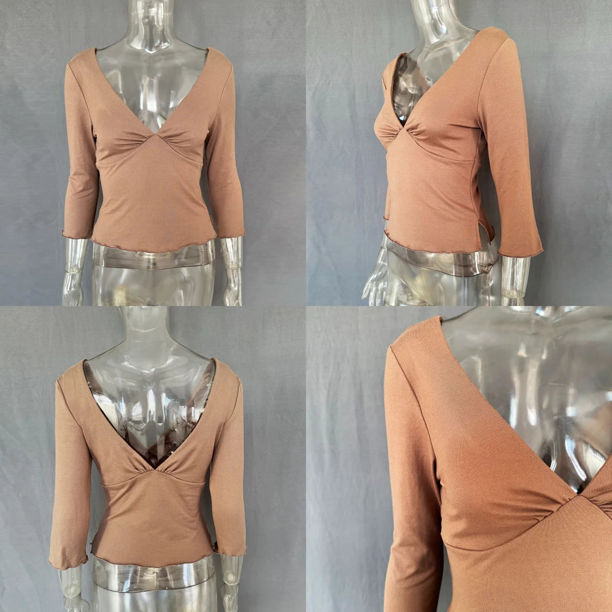 Absobe Women Sexy Deep V Half Sleeve T-shirt Backless Side Split Slim Solid Color 2026 Spring Summer Casual Top Streetwear