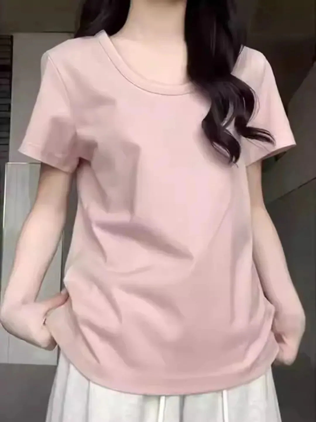 Sweet-style V-neck Loose-fit Short-sleeved T-shirt Women Summer Lazy-chic Versatile Casual Plain Colour Soft Cotton