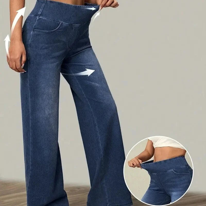 Autumn and Winter Trend Style Rubber-waisted Loose High-elasticity Denim Straight-leg Pants Are Versatile  Fashionable for Women