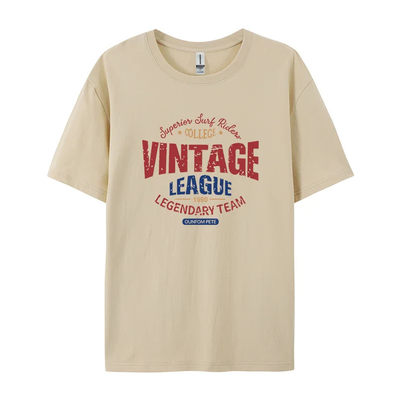 Vintage League Letter Print Womens T-Shirts Summer Fashion Cotton Tops Comfortable O-Neck Short Sleeve Soft Oversize Clothes