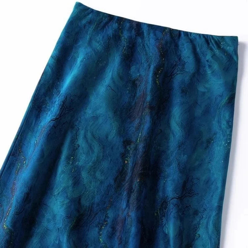 Limiguyue Blue High Waist Satin Skirt Women Flower Print Midi Skirts Casual Slim Silk Fishtail Spring Long Skirt Vintage 537A