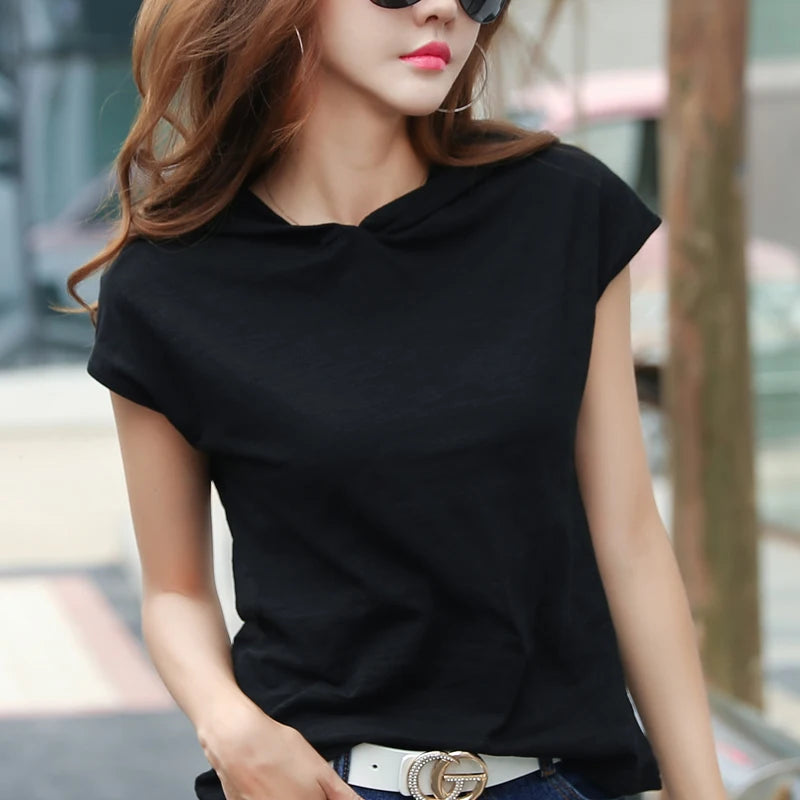 AOSSVIAO 2026 Summer Women's Short Sleeve Hooded T-Shirt Slub Cotton Korean Style Base Top Loose Casual Solid Color Tees