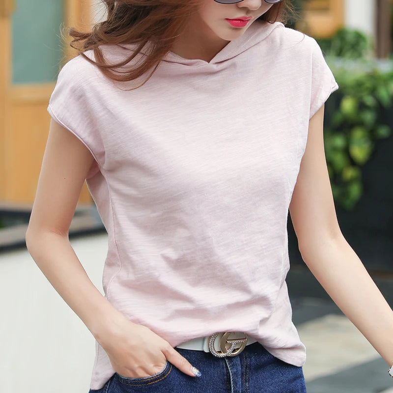 AOSSVIAO 2026 Summer Women's Short Sleeve Hooded T-Shirt Slub Cotton Korean Style Base Top Loose Casual Solid Color Tees