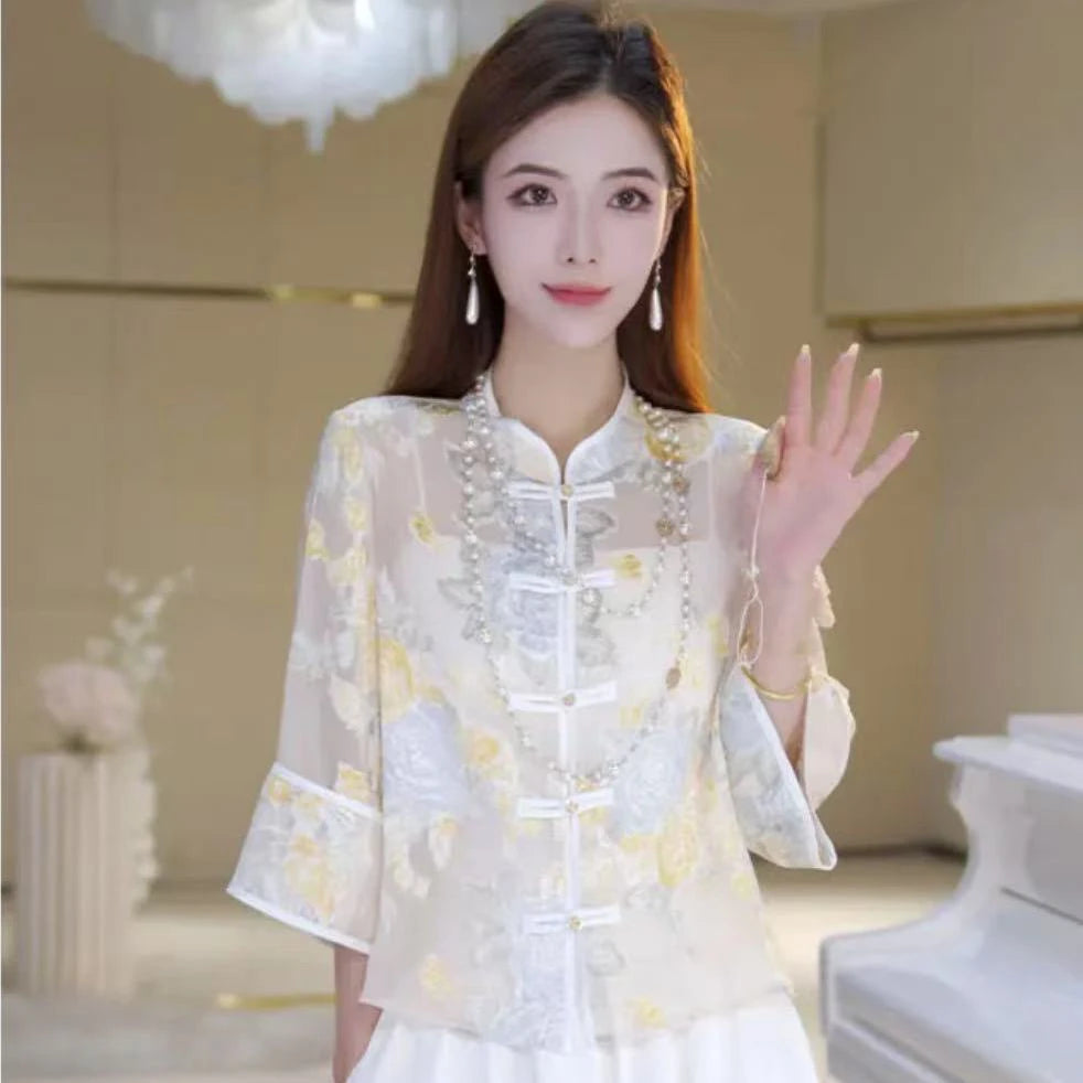 New Chinese Sle Thin awl Coat Button up irt Women Summer National Sle Sun Protection Light Veil Outerwear