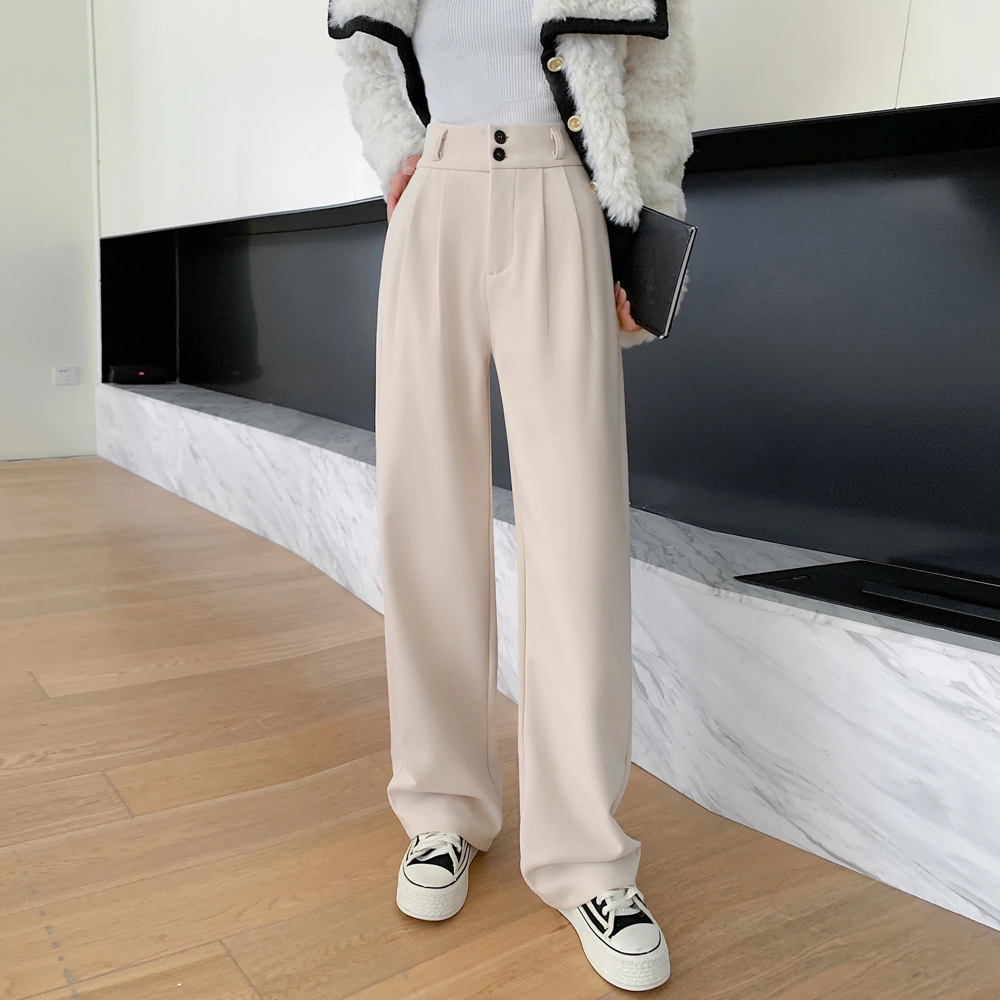 Autumn Winter High Waist Woolen Women's Wide Leg Pants 2025 New Button Korean Casual Loose Straight Full Length Trousers Female