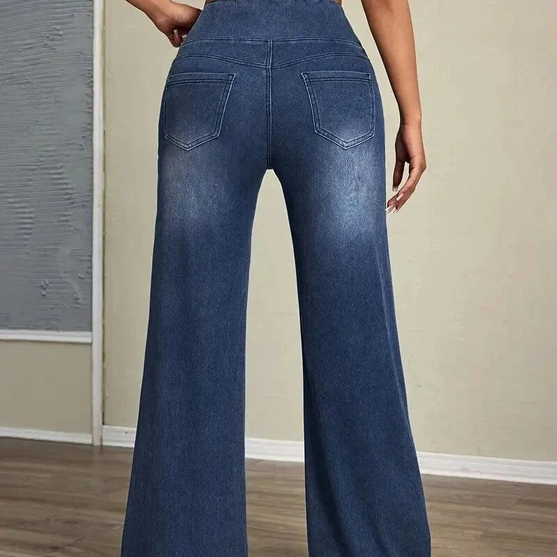 Autumn and Winter Trend Style Rubber-waisted Loose High-elasticity Denim Straight-leg Pants Are Versatile  Fashionable for Women