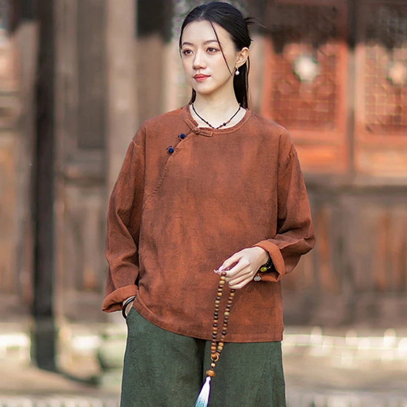 Women Long Sleeve Cotton Linen T-shirts New 2026 Spring Chinese Style O-neck Frog Button Loose Female Casual Tops Tees M2353