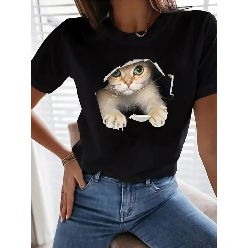 Cute Cat Print Crew Neck T-Shirt, Casual Short Sleeve T-Shirt for Spring & Summer, Women's Clothing Women Clothing Tops Harajuku