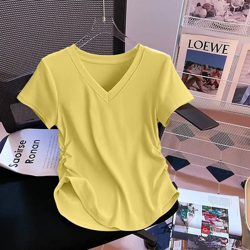 Summer V-neck T-shirt for Women Threaded Pleated Waist Solid Spicy Girl Short Sleeve Top Women's Clothing T-Shirt