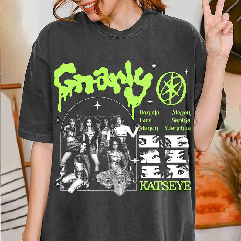 Women's Retro Vintage KATSEYE Gnarly T-Shirt Unisex Men Vintage Oversize Tee Cotton Streetwear Loose Short Sleeve Tops Tee