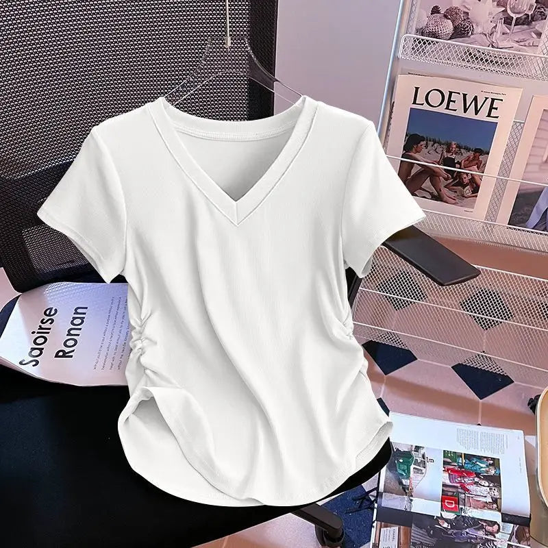 Summer V-neck T-shirt for Women Threaded Pleated Waist Solid Spicy Girl Short Sleeve Top Women's Clothing T-Shirt