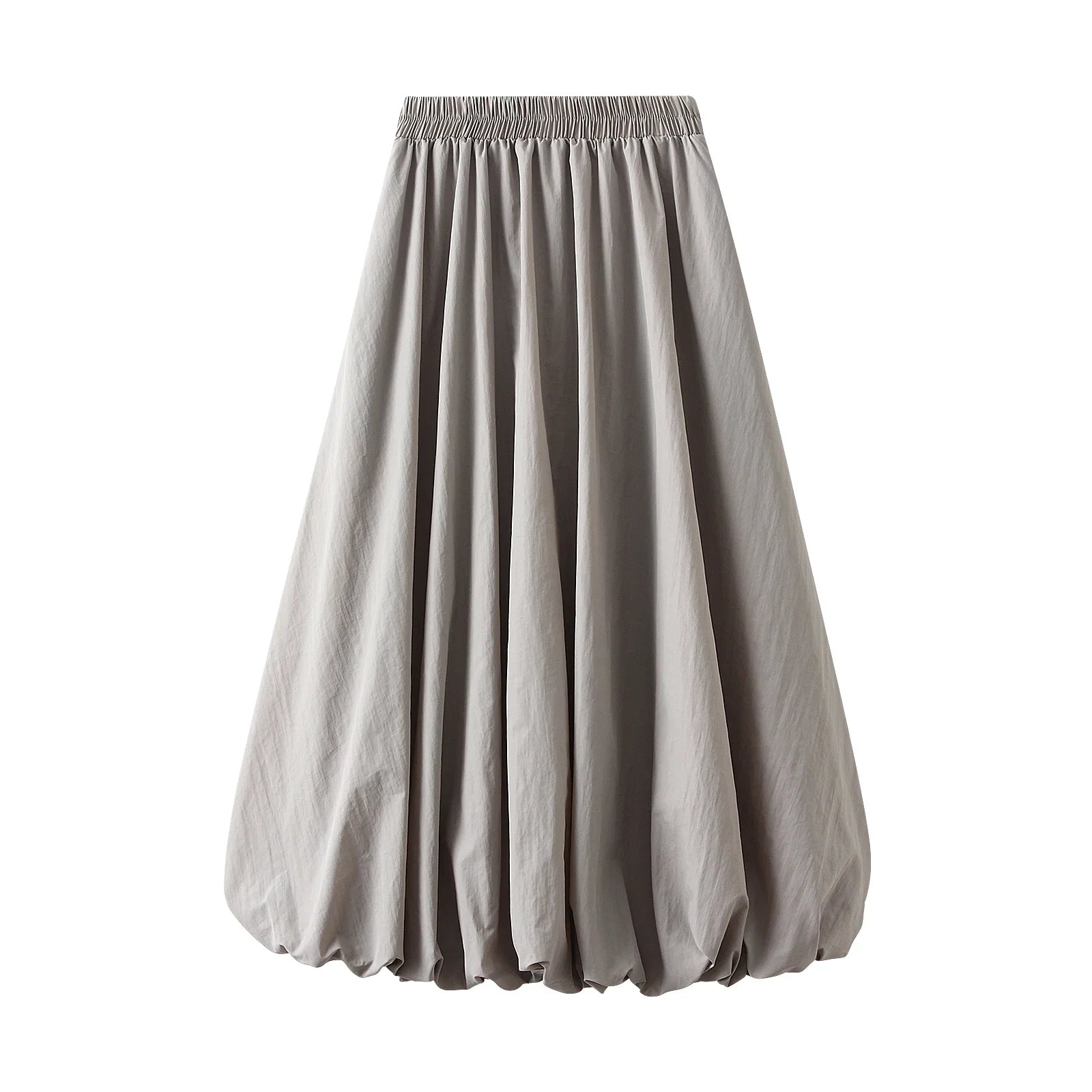 Combhasaki Women's Elegant Elastic High Waist Solid Color A-Line Pleated Puffball Hem Casual Flowy Balloon Bud Midi Skirts