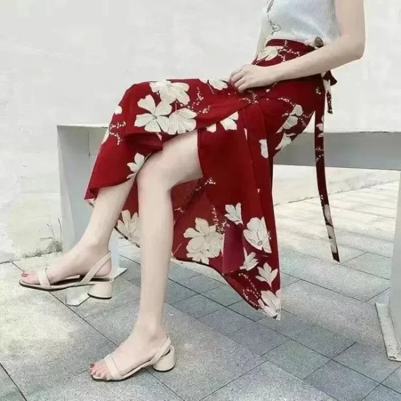 11 Colors Women's Summer High Waisted Lace-Up Sexy Wrap Midi Skirt Korean Trendy Beach Elastic Waist Solid All-Match Skirt
