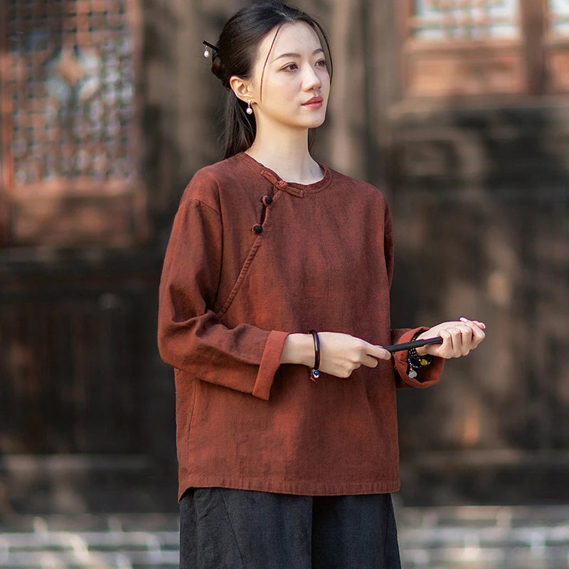 Women Long Sleeve Cotton Linen T-shirts New 2026 Spring Chinese Style O-neck Frog Button Loose Female Casual Tops Tees M2353