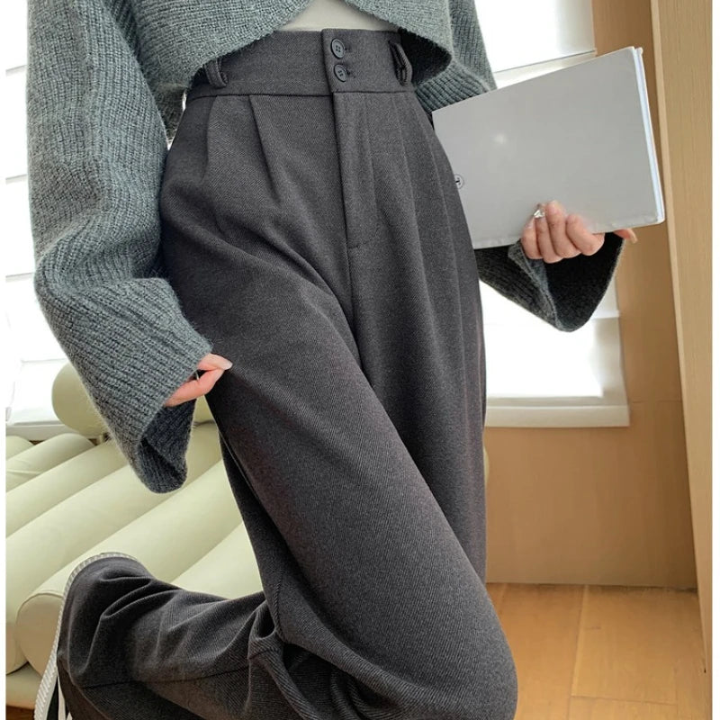 Autumn Winter High Waist Woolen Women's Wide Leg Pants 2025 New Button Korean Casual Loose Straight Full Length Trousers Female