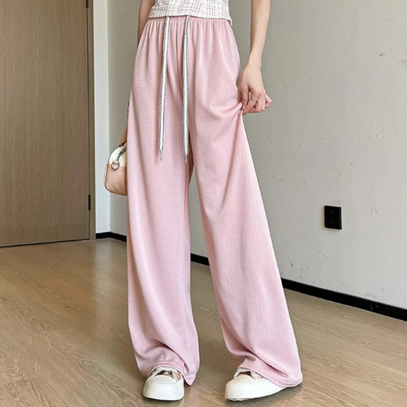 Spring Summer New Women's Wide Leg Pants Dipped Herringbone Pattern Ice Silk Casual Pants High Waist Straight Pants for Women