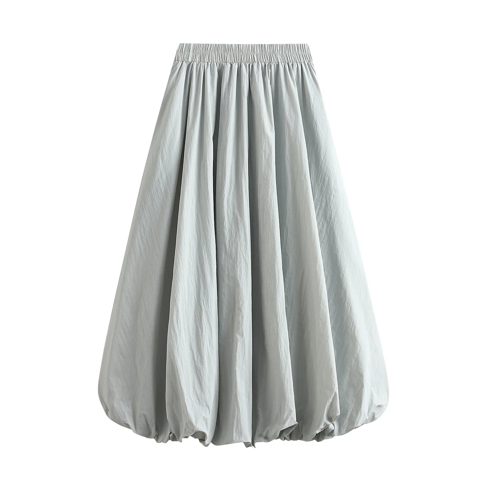 Combhasaki Women's Elegant Elastic High Waist Solid Color A-Line Pleated Puffball Hem Casual Flowy Balloon Bud Midi Skirts